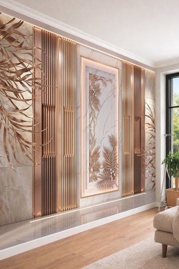 Dreamwall Mermer Panel, Dikey Metalik Çıta ve Aydınlatmalı Yaprak Kabartmalı Desenli Tek Parça Tekstil Duvar Kağıdı  küçük görsel 2