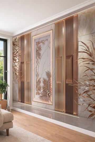 Dreamwall Mermer Panel, Dikey Metalik Çıta ve Aydınlatmalı Yaprak Kabartmalı Desenli Tek Parça Tekstil Duvar Kağıdı  küçük görsel 4