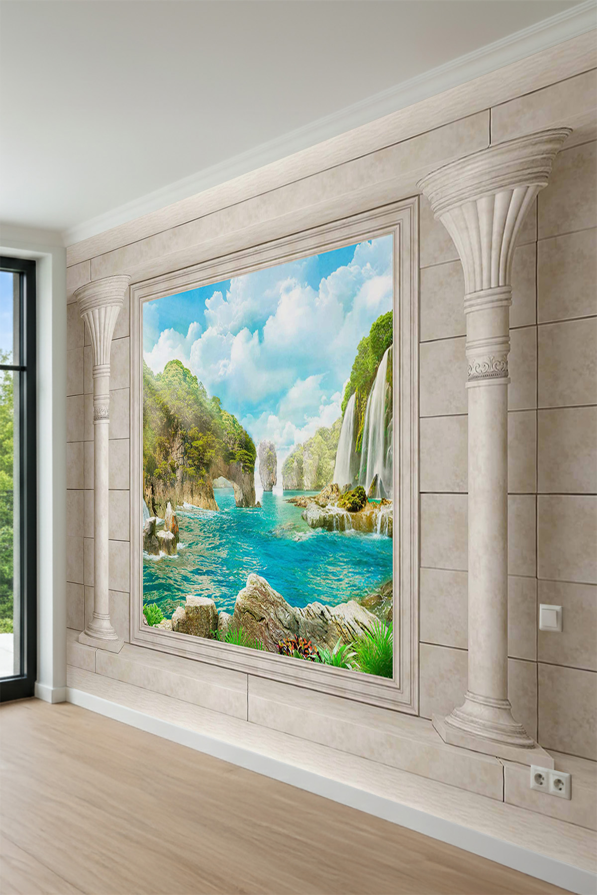 Dreamwall Mermer Sütunlu Azure Şelalesi Desenli Tek Parça Tekstil Duvar Kağıdı görsel 1