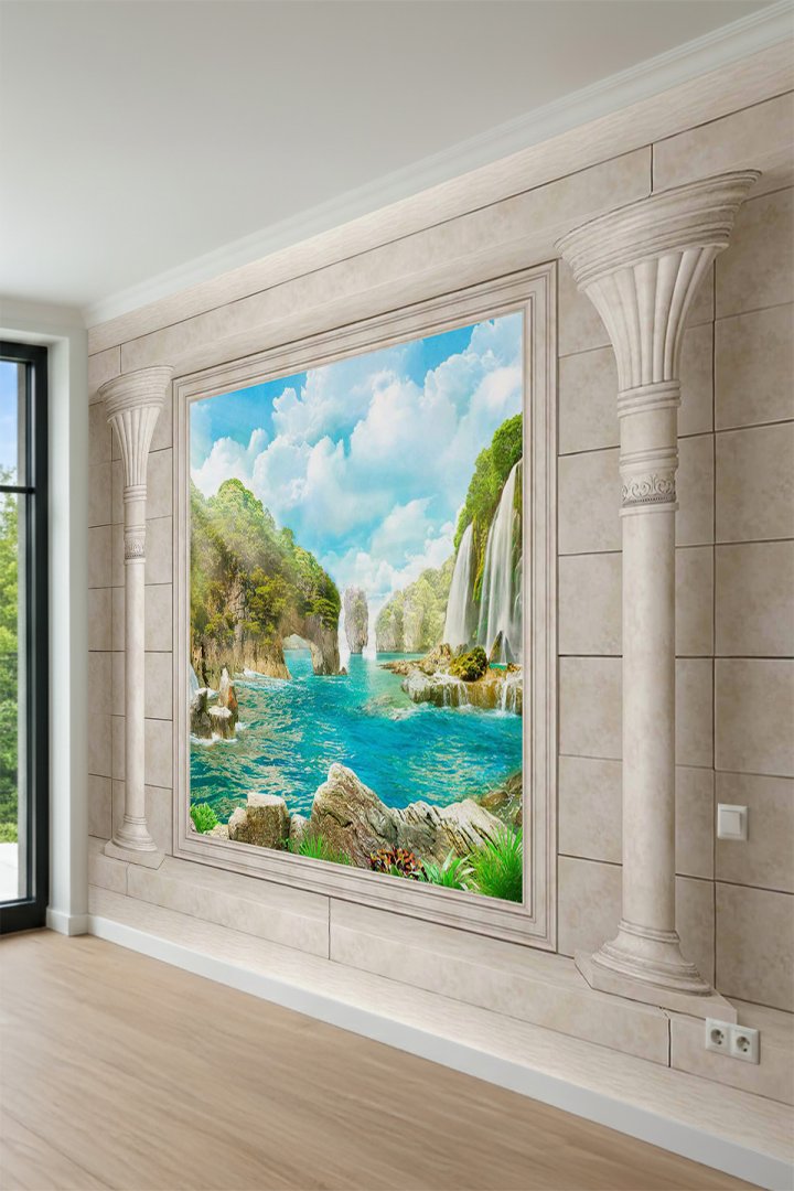 Dreamwall Mermer Sütunlu Azure Şelalesi Desenli Tek Parça Tekstil Duvar Kağıdı