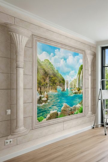 Dreamwall Mermer Sütunlu Azure Şelalesi Desenli Tek Parça Tekstil Duvar Kağıdı küçük görsel 3