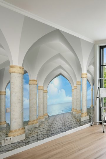 Dreamwall Mermer Sütunlu Gotik Kemerler ve Deniz Manzaralı Tek Parça Tekstil Duvar Kağıdı küçük görsel 2