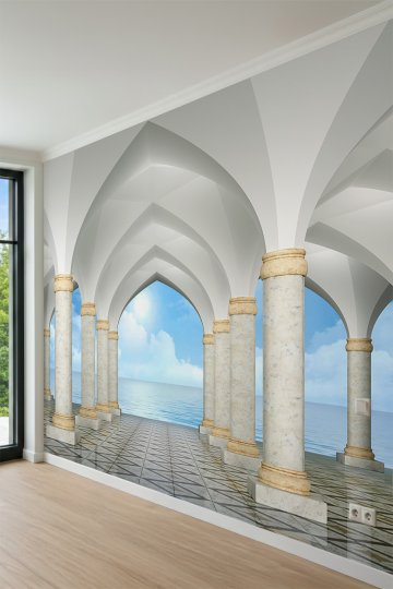 Dreamwall Mermer Sütunlu Gotik Kemerler ve Deniz Manzaralı Tek Parça Tekstil Duvar Kağıdı küçük görsel 3