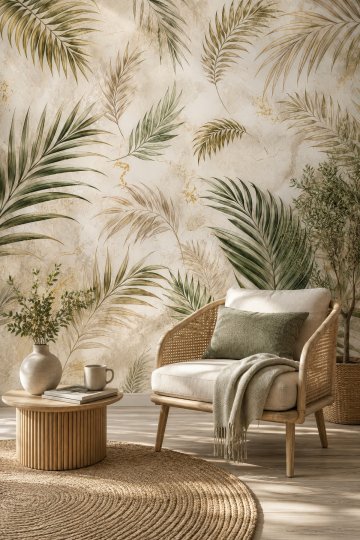 Dreamwall Mermerin Üzerindeki Rüzgâr- Tropik Yapraklar Desenli Tek Parça Tekstil Duvar Kağıdı küçük görsel 2
