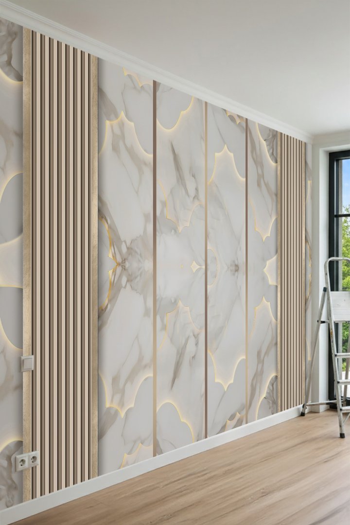Dreamwall Mermer,Led ışık Efekti ve Ahşap Çıta Desenli Tek Parça Tekstil Duvar Kağıdı