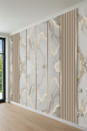 Dreamwall Mermer,Led ışık Efekti ve Ahşap Çıta Desenli Tek Parça Tekstil Duvar Kağıdı küçük görsel 3