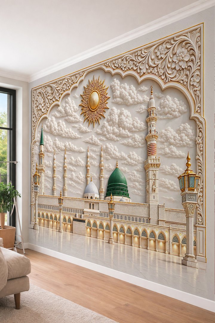 Dreamwall Mescid-i Nebevi , Minareler, Kabartma Bulutlar ve Altın Güneş Motifli Manevi Tek Parça Tek...