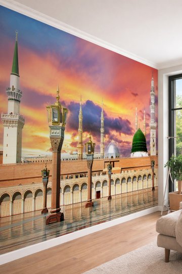 Dreamwall Mescid-i Nebevi Temalı Medine-i Münevvere Gün Batımı Manzaralı Tekstil Duvar Kağıdı