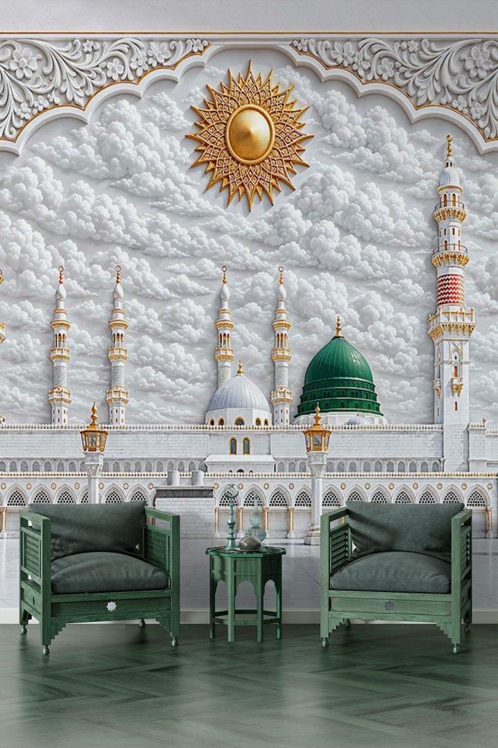 Dreamwall Mescid-i Nebevi, Yeşil Kubbe, Kabartma Bulutlar ve Güneş Motifli Manevi Tek Parça Tekstil...