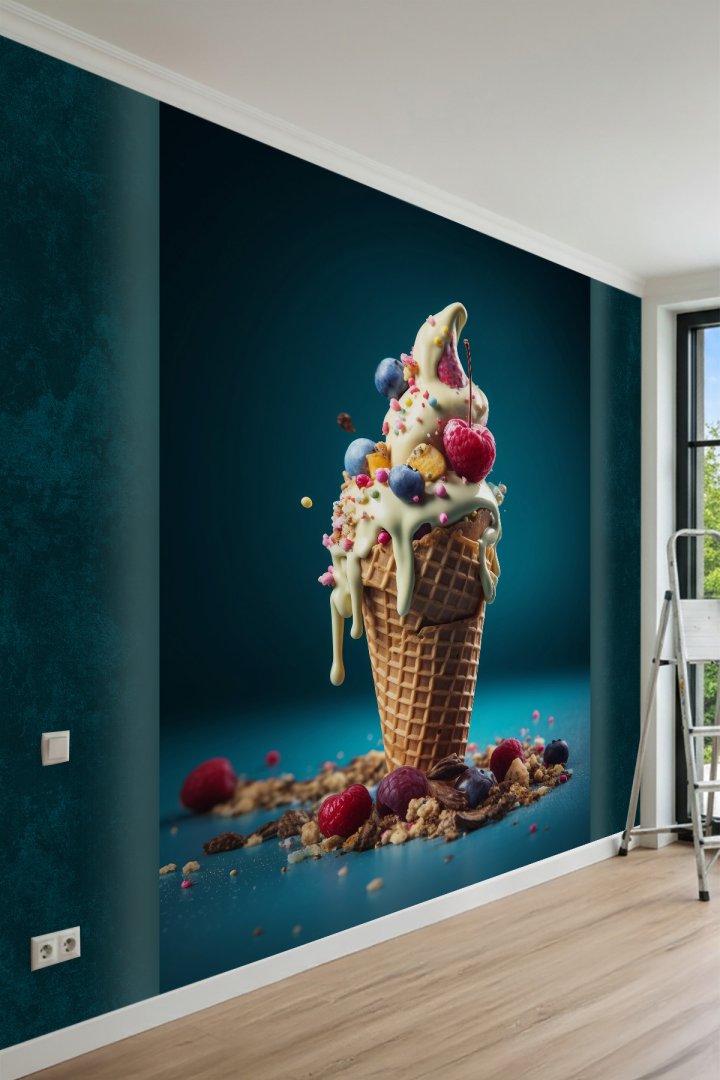 Dreamwall Meyveli ve Soslu Külah Dondurma Motifli Tek Parça Tekstil Duvar Kağıdı