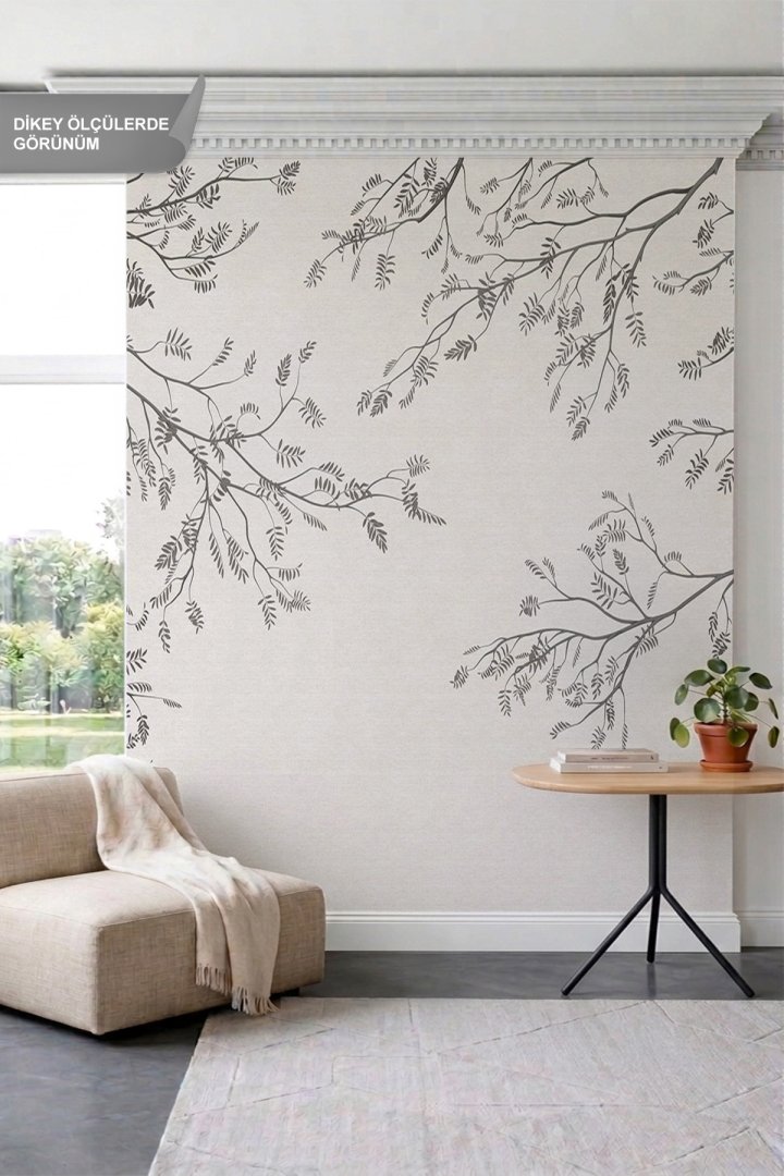 Dreamwall Minimalist Ağaç Dalları ve Yaprak Motifli Tek Parça Tekstil Duvar Kağıdı