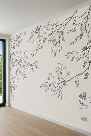 Dreamwall Minimalist Ağaç Dalları ve Yaprak Motifli Tek Parça Tekstil Duvar Kağıdı küçük görsel 3