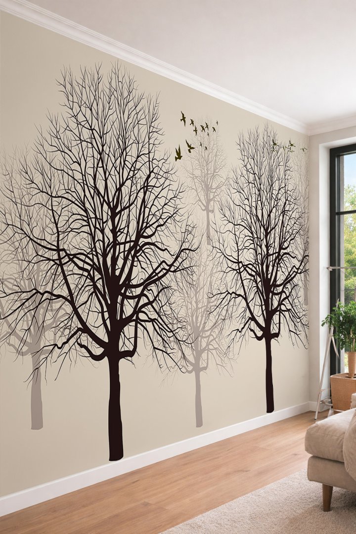 Dreamwall Minimalist Ağaç Silüetleri ve Kuş Figürlü Tek Parça Tekstil Duvar Kağıdı