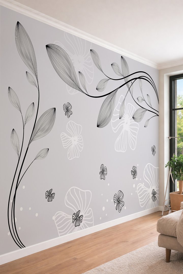 Dreamwall Minimalist Çizgisel Yapraklar - Modern Sanat Tek Parça Tekstil Duvar Kağıdı