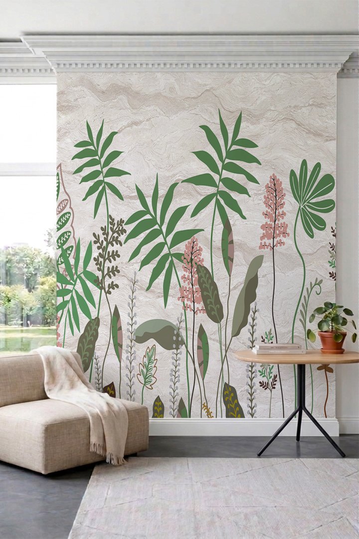 Dreamwall Minimalist Tropikal Yaprak Desenli Bej Mermer Desenli Tek Parça Tekstil Duvar Kağıdı