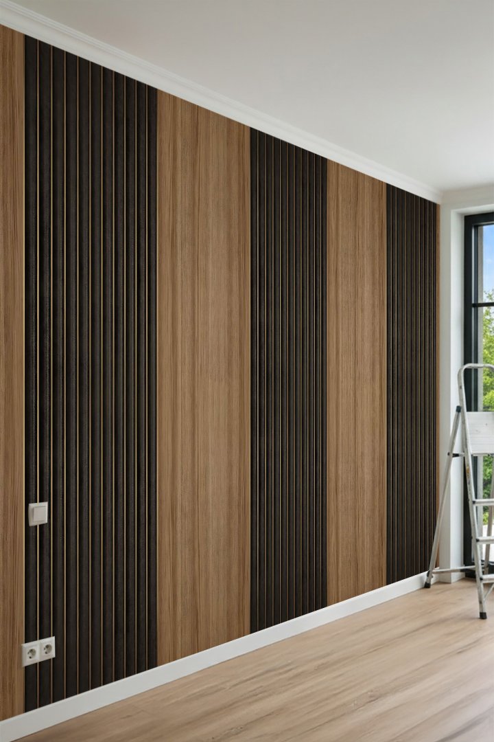 Dreamwall Modern Ahşap Çıtalı Koyu Panel Desenli Tek Parça Tekstil Duvar Kağıdı