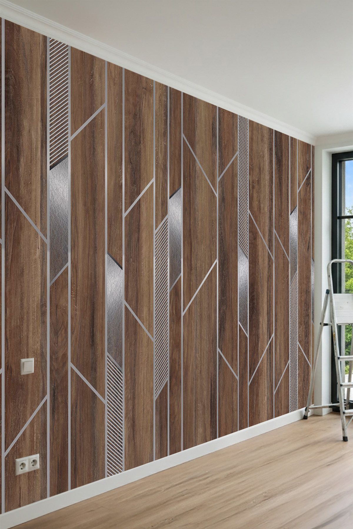 Dreamwall Modern Ahşap Silver Geometrik Panel Desenli Tek Parça Tekstil Duvar Kağıdı görsel 1