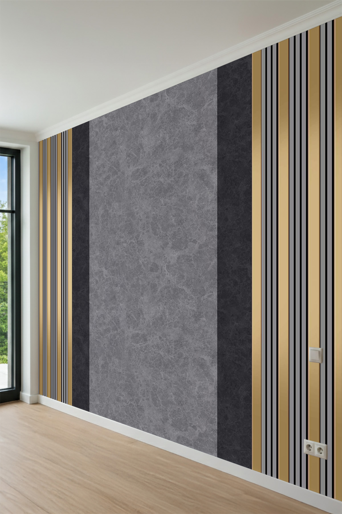 Dreamwall Modern Altın Mermer ve Dekoratif Panel Desenli Tek Parça Tekstil Duvar Kağıdı görsel 1