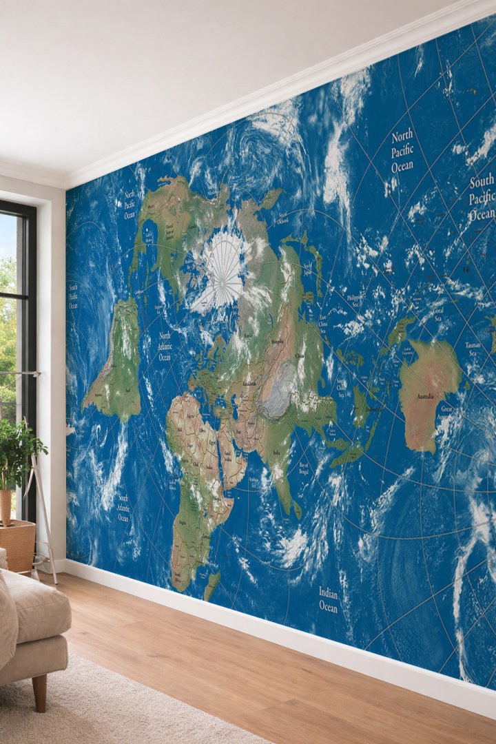 Dreamwall Modern Fiziki Dünya Haritası - Ofis ve Çocuk Odası İçin Tek Parça Tekstil Duvar Kağıdı