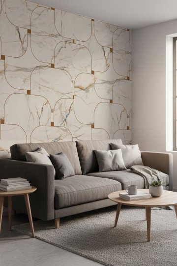 Dreamwall Modern Geometrik Gold Şeritli Mermer Desenli Lüks Salon Tekstil Duvar Kağıdı