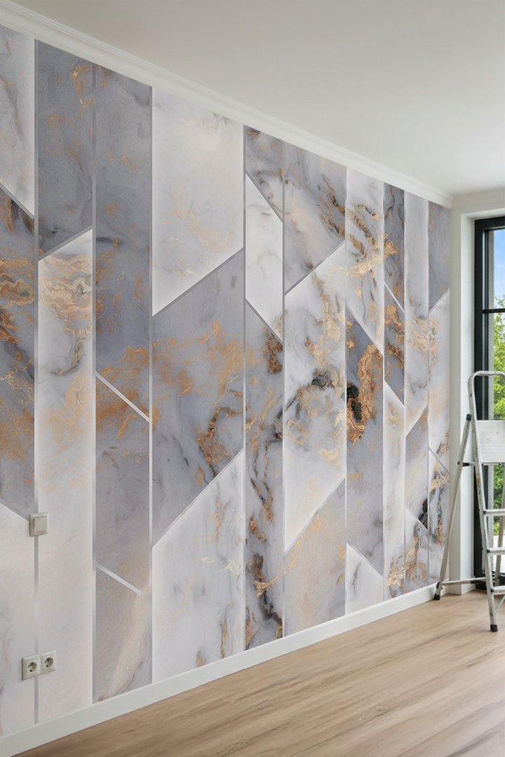 Dreamwall Modern Geometrik Koyu Mermer ve Altın DerzliDesenli Tek Parça Tekstil Duvar Kağıdı