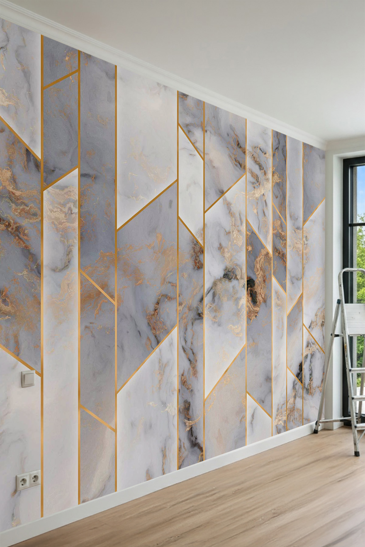 Dreamwall Modern Geometrik Mermer ve Altın Derz Desenli Tek Parça Tekstil Duvar Kağıdı görsel 1