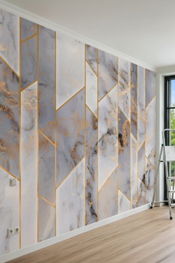 Dreamwall Modern Geometrik Mermer ve Altın Derz Desenli Tek Parça Tekstil Duvar Kağıdı