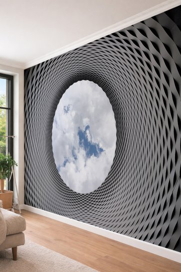 Dreamwall Modern Geometrik Tünel ve Gökyüzü - 3D Derinlik Etkili Tek Parça Tekstil Duvar Kağıdı