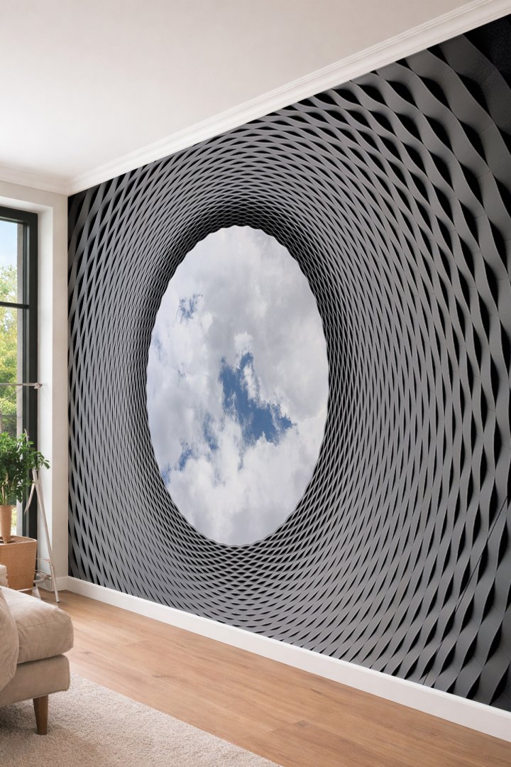 Dreamwall Modern Geometrik Tünel ve Gökyüzü - 3D Derinlik Etkili Tek Parça Tekstil Duvar Kağıdı