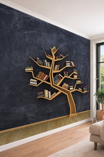 Dreamwall Modern Kitaplık Ağacı Tasarımlı 3D Görünümlü Tek Parça Tekstil Duvar Kağıdı