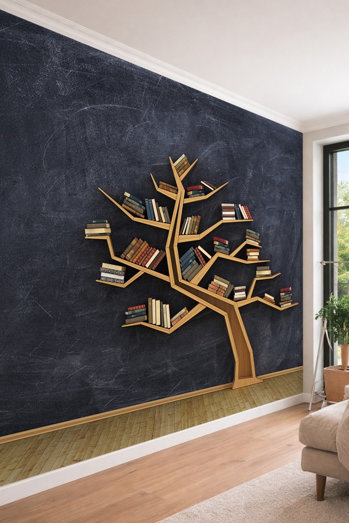 Dreamwall Modern Kitaplık Ağacı Tasarımlı 3D Görünümlü Tek Parça Tekstil Duvar Kağıdı