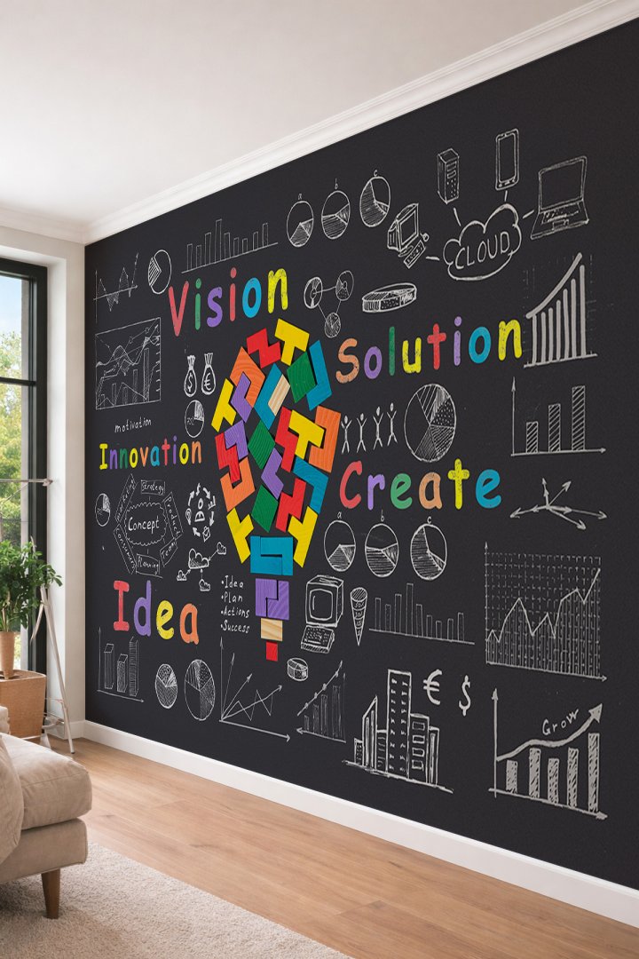 Dreamwall Modern Ofis ve Girişimcilik Temalı Renkli İnovasyon Diyagramlı Tekstil Duvar Kağıdı