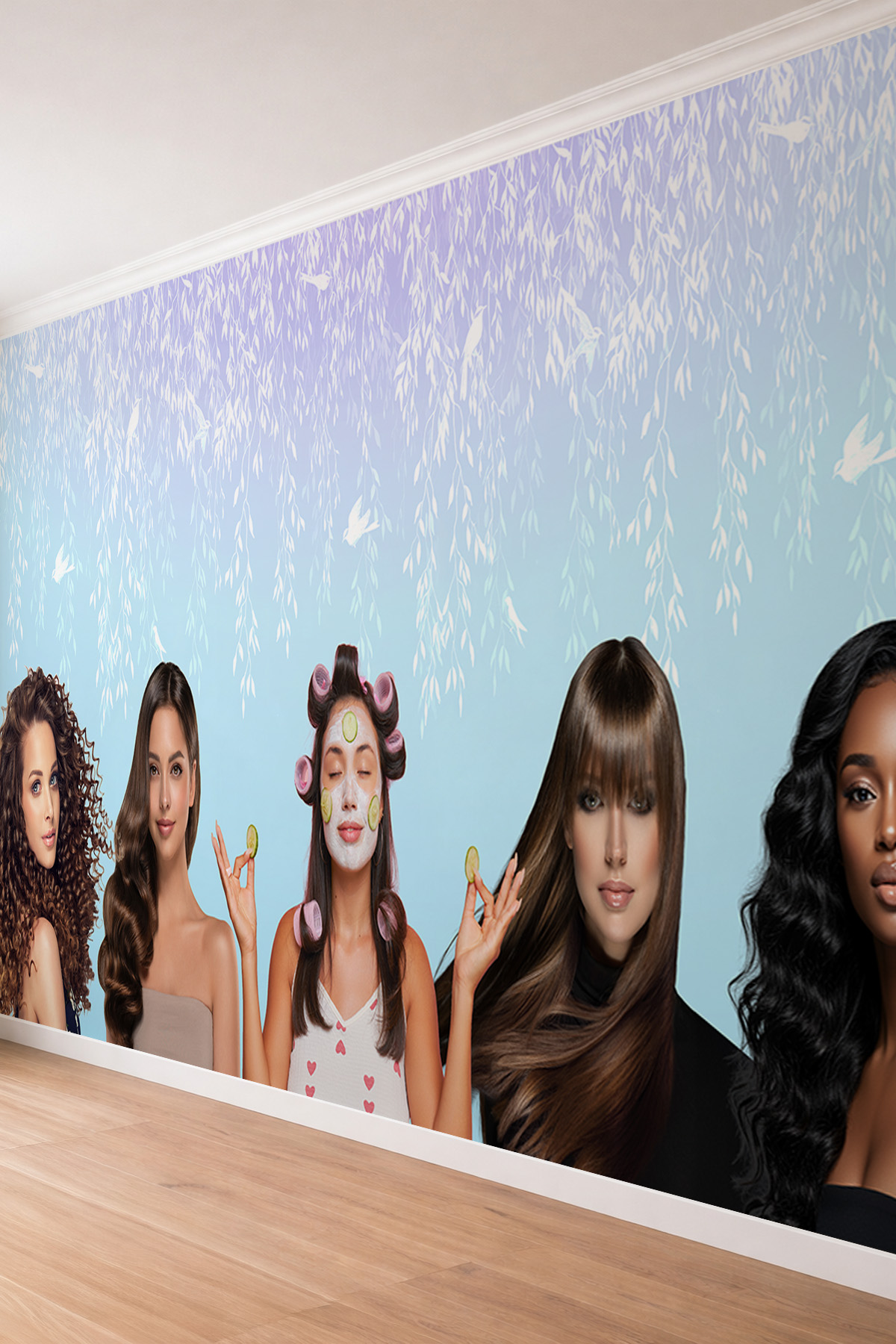 Dreamwall Modern Saç Modelleri ve Cilt Bakımı Yapan Kadın Figürlü Kuaför Temalı Tekstil Duvar Kağıdı görsel 1