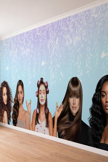 Dreamwall Modern Saç Modelleri ve Cilt Bakımı Yapan Kadın Figürlü Kuaför Temalı Tekstil Duvar Kağıdı küçük görsel 1
