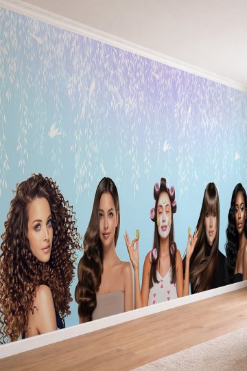 Dreamwall Modern Saç Modelleri ve Cilt Bakımı Yapan Kadın Figürlü Kuaför Temalı Tekstil Duvar Kağıdı küçük görsel 2
