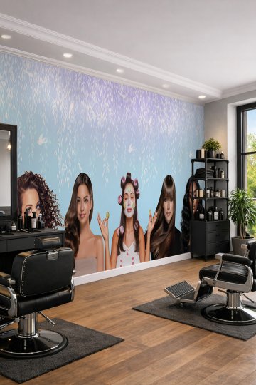Dreamwall Modern Saç Modelleri ve Cilt Bakımı Yapan Kadın Figürlü Kuaför Temalı Tekstil Duvar Kağıdı küçük görsel 3