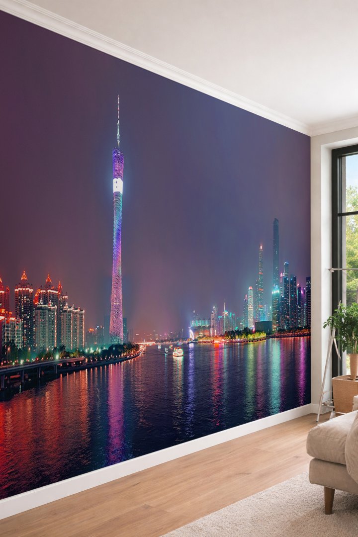 Dreamwall Modern Şehir Silueti ve Işıltılı Asma Köprü  Tekstil Duvar Kağıdı