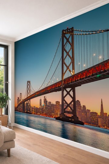 Dreamwall Modern Şehir Silueti ve Işıltılı Asma Köprü Temalı Panoramik Tekstil Duvar Kağıdı