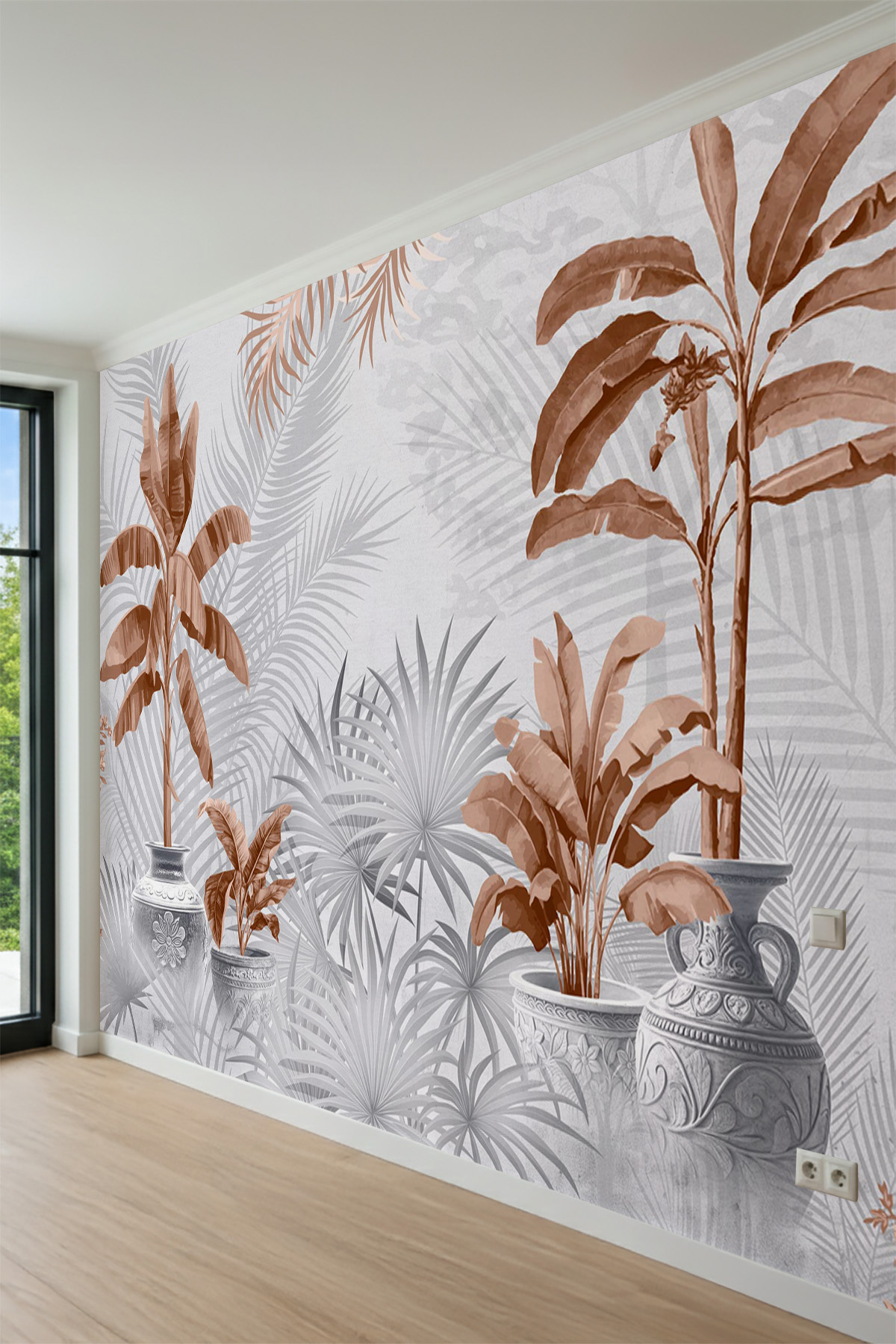 Dreamwall Modern Tropikal Yapraklar ve Seramik Saksı Desenli Tek Parça Tekstil Duvar Kağıdı görsel 1