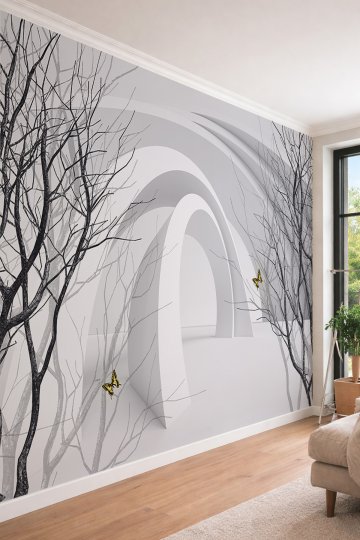Dreamwall Modern Tünel ve Kelebekli Ağaçlar - 3D Derinlik Etkili Tek Parça Tekstil Duvar Kağıdı