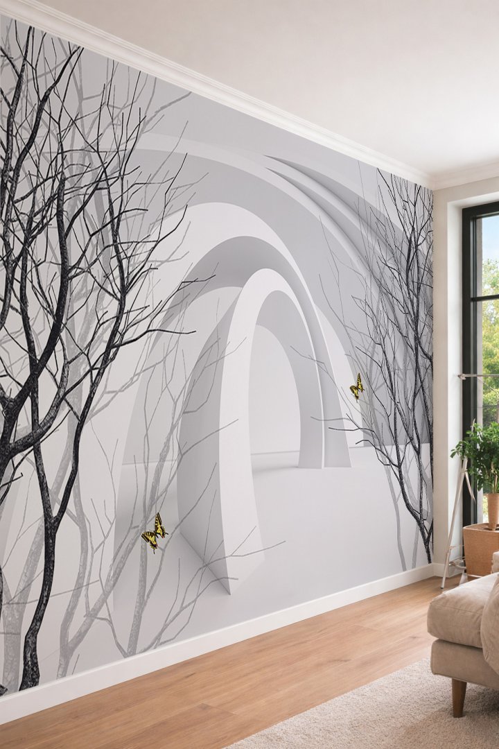 Dreamwall Modern Tünel ve Kelebekli Ağaçlar - 3D Derinlik Etkili Tek Parça Tekstil Duvar Kağıdı