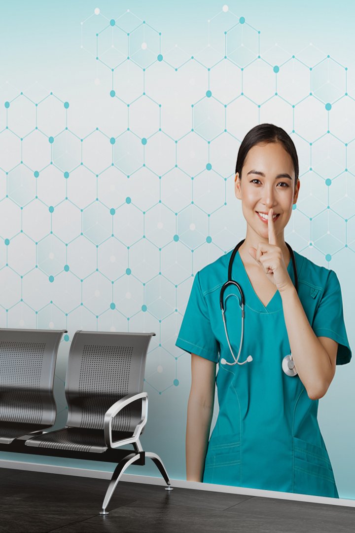 Dreamwall Moleküler Desenli Stetoskoplu Kadın Doktor Temalı Özelleştirilebilir Tekstil Duvar Kağıdı