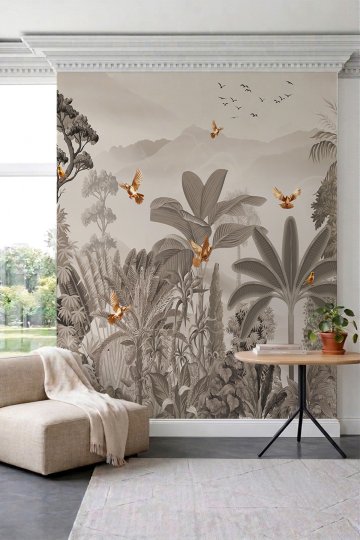 Dreamwall Monokrom Orman ve Kuş Motifli Tek Parça Tekstil Duvar Kağıdı küçük görsel 2