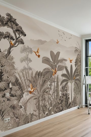 Dreamwall Monokrom Orman ve Kuş Motifli Tek Parça Tekstil Duvar Kağıdı küçük görsel 1