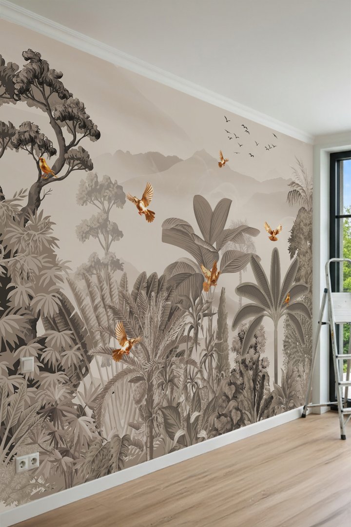 Dreamwall Monokrom Orman ve Kuş Motifli Tek Parça Tekstil Duvar Kağıdı
