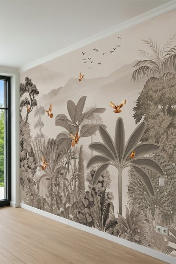 Dreamwall Monokrom Orman ve Kuş Motifli Tek Parça Tekstil Duvar Kağıdı küçük görsel 3