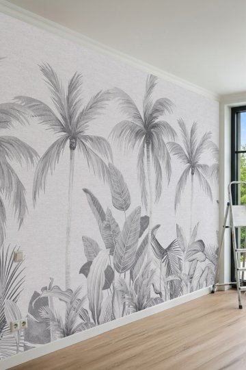 Dreamwall Monokrom Palmiye Ağacı ve Tropikal Bitki Desenli Tek Parça Tekstil Duvar Kağıdı küçük görsel 3