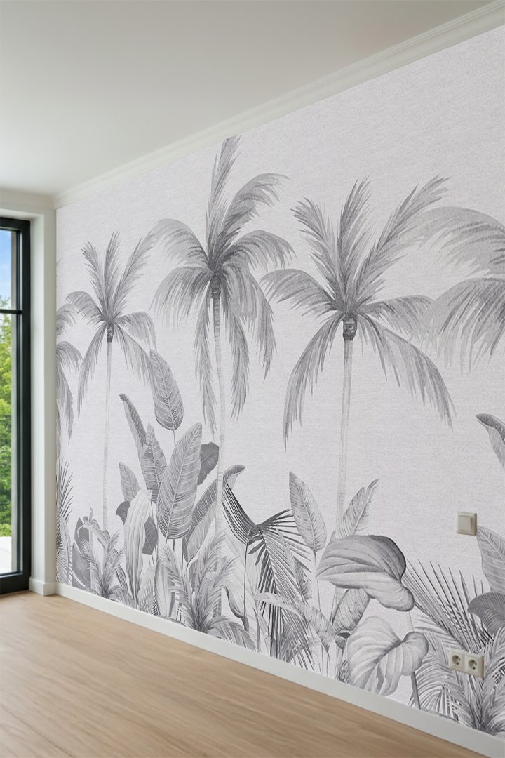 Dreamwall Monokrom Palmiye Ağacı ve Tropikal Bitki Desenli Tek Parça Tekstil Duvar Kağıdı