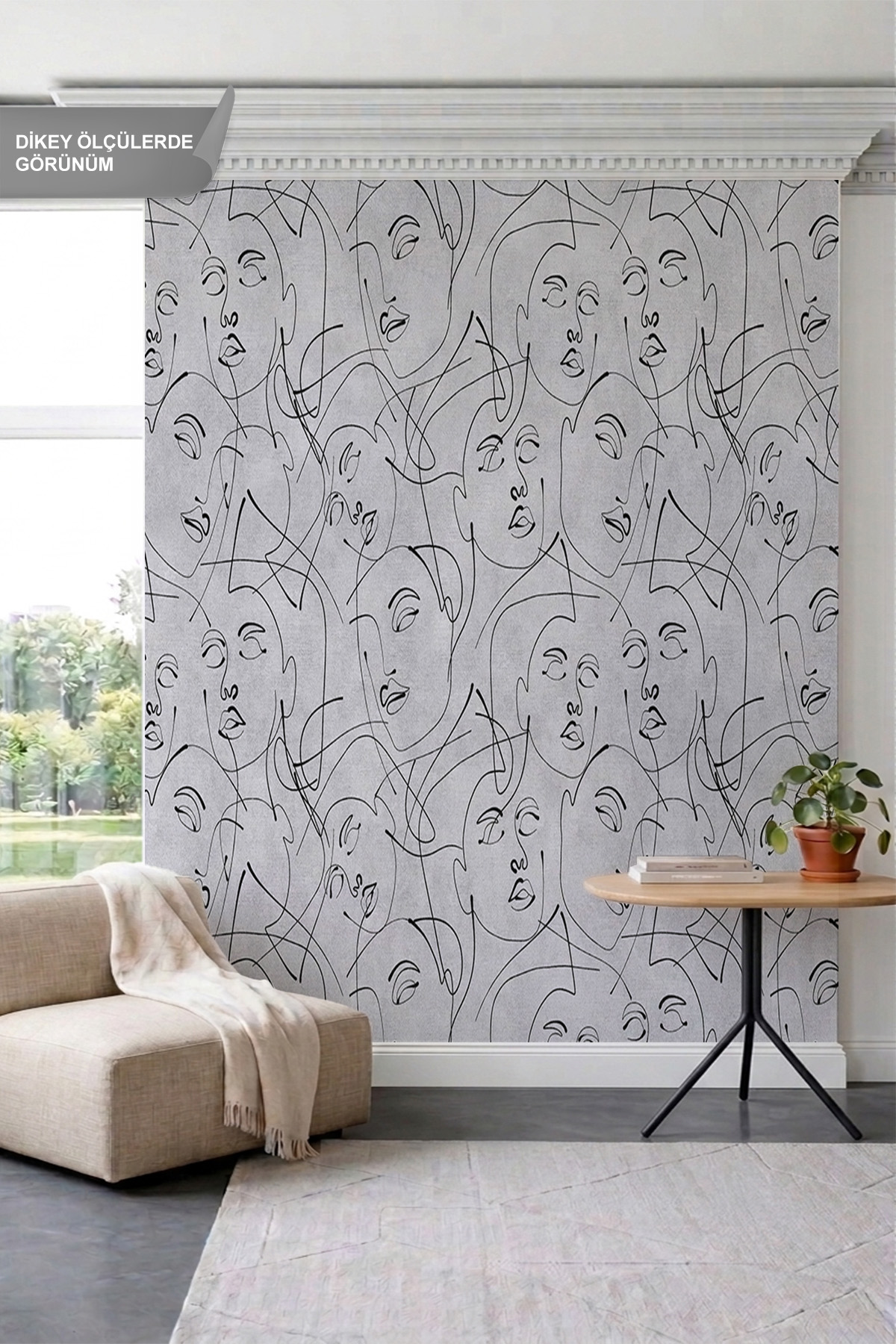 Dreamwall Monokrom Tek Çizgi Sanatı Kadın Yüzü Motifli Tek Parça Tekstil Duvar Kağıdı görsel 1