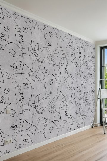 Dreamwall Monokrom Tek Çizgi Sanatı Kadın Yüzü Motifli Tek Parça Tekstil Duvar Kağıdı küçük görsel 2